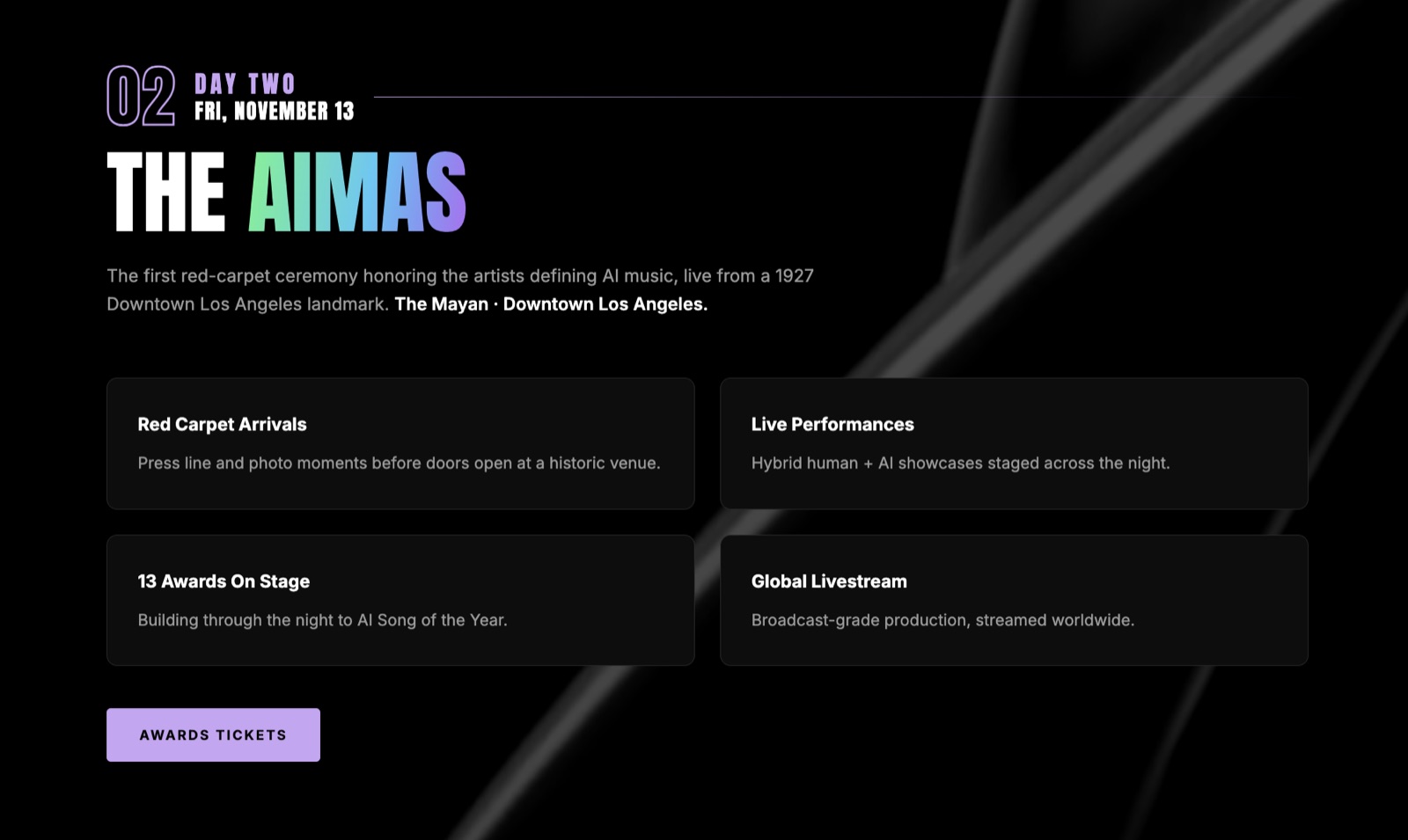 SIQA AI Music Awards day two programme listing red carpet arrivals, live performances, 13 awards and a global livestream