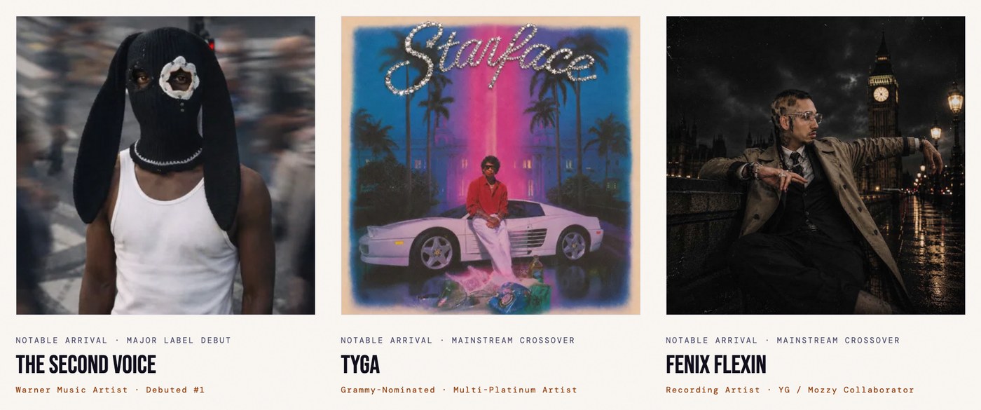 SIQA Mid-Year 2026 notable arrivals cards for The Second Voice, Tyga with the $tarface cover and Fenix Flexin