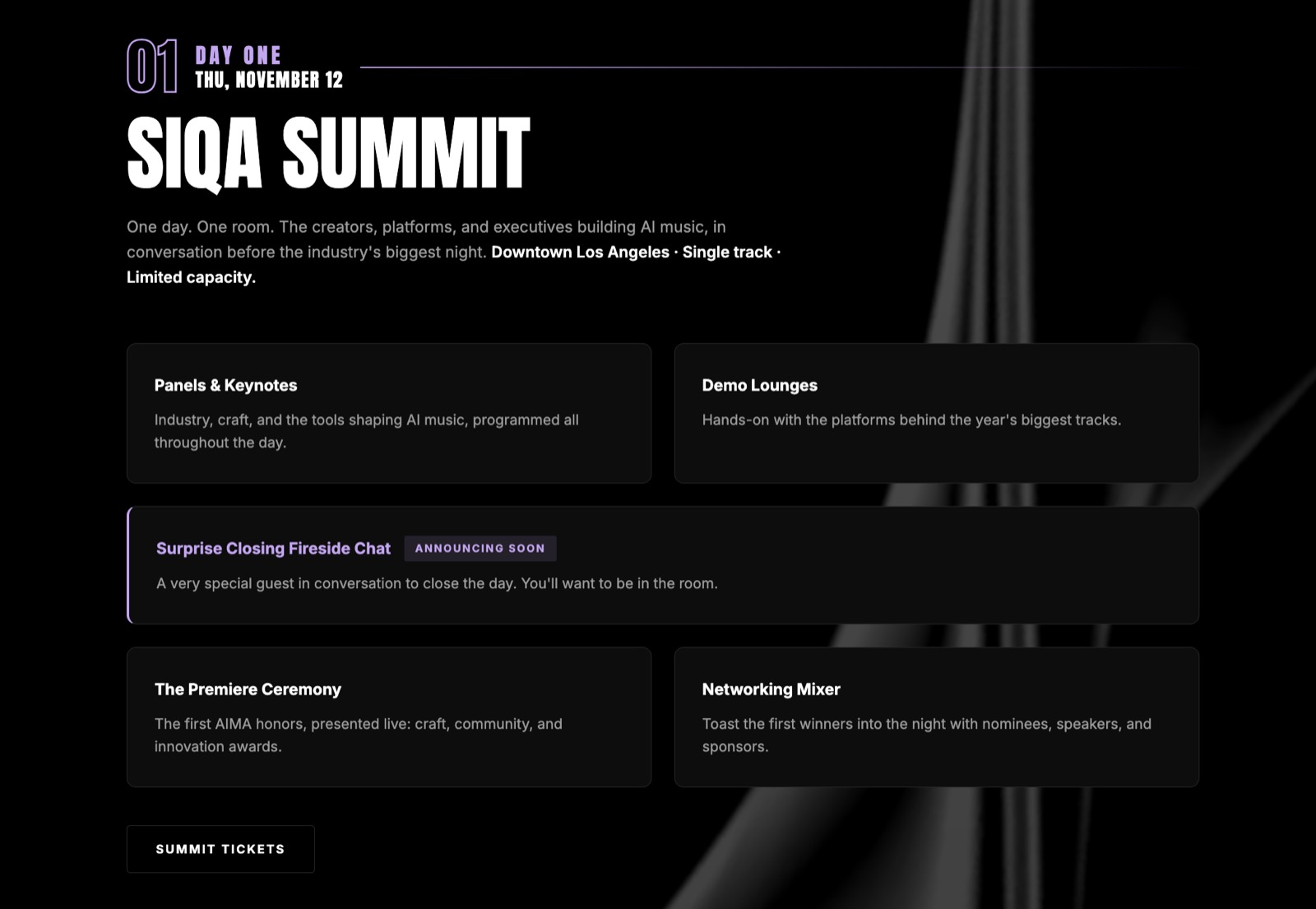 SIQA Summit programme card for November 12, 2026, listing panels and keynotes, demo lounges, a closing fireside chat, the Premiere Ceremony and a networking mixer.