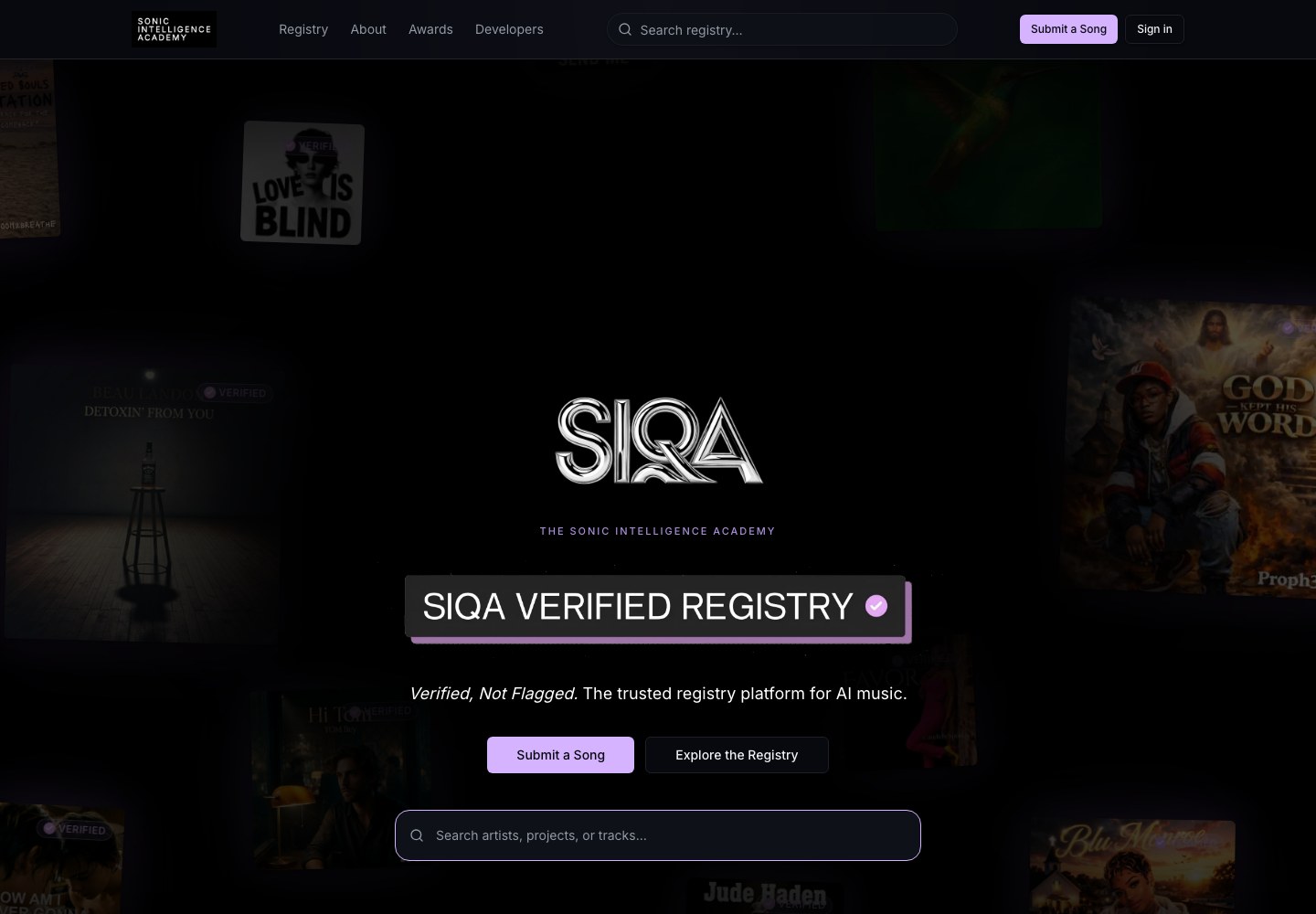 SIQA Verified Registry homepage with the Verified, Not Flagged line and Submit a Song button