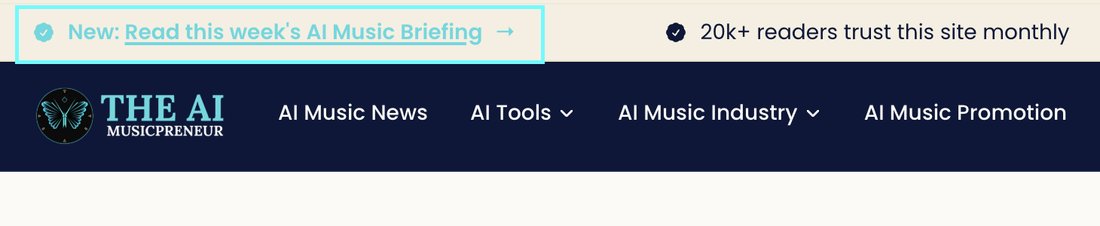 The announcement bar at the top of aimusicpreneur.com, above the main navigation