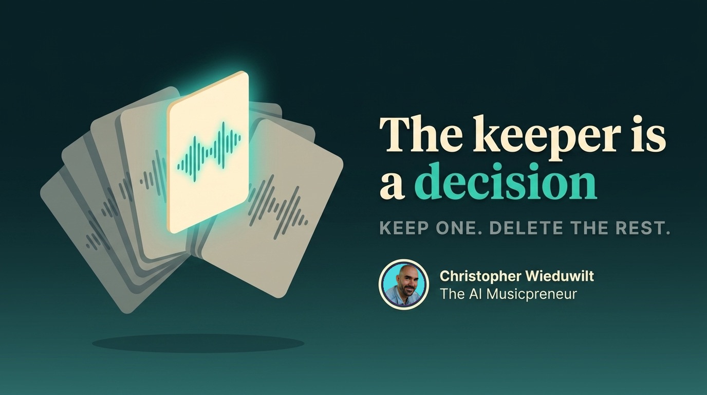 Fanned AI song-take cards, all faded grey except one glowing keeper, illustrating musical taste