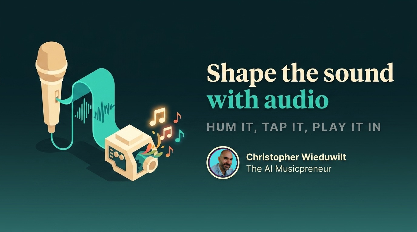 Microphone feeding a teal sound wave into a machine that blooms music notes, showing audio input to AI