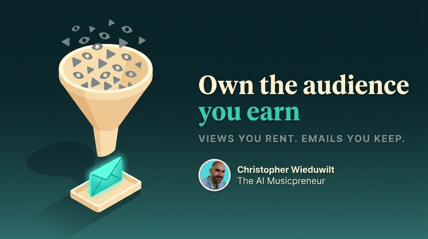 Grey view icons pouring into a funnel that drops one glowing teal email, showing owning your audience