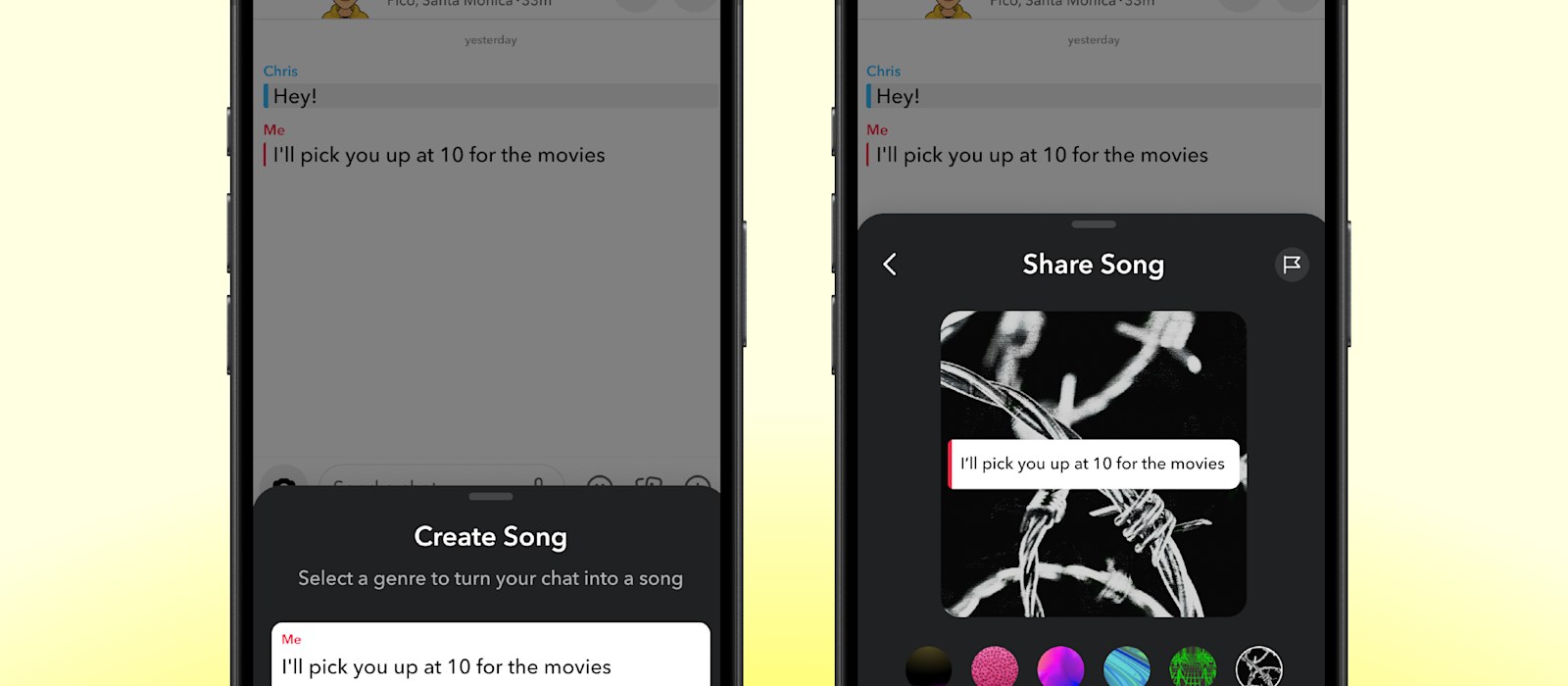 Snapchat's Chat to Song feature showing the Create Song genre picker and the Share Song preview screen
