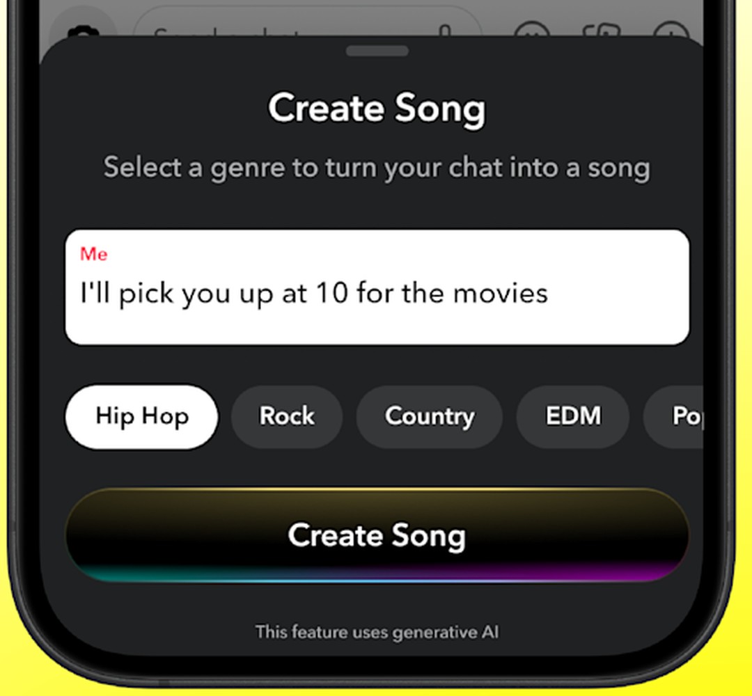 Snapchat's Create Song sheet showing genre chips for Hip Hop, Rock, Country and EDM above a generative AI disclosure line