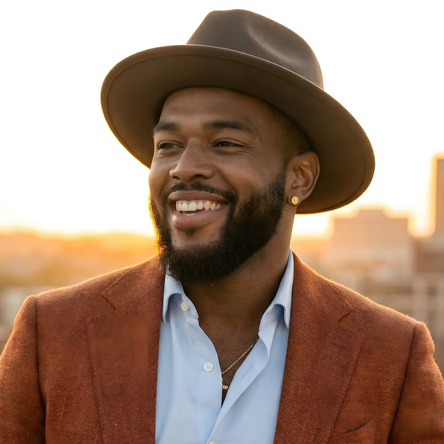 AI-generated portrait of the Solomon Ray persona — a smiling bearded man in a brown wide-brim hat and rust blazer at golden hour.