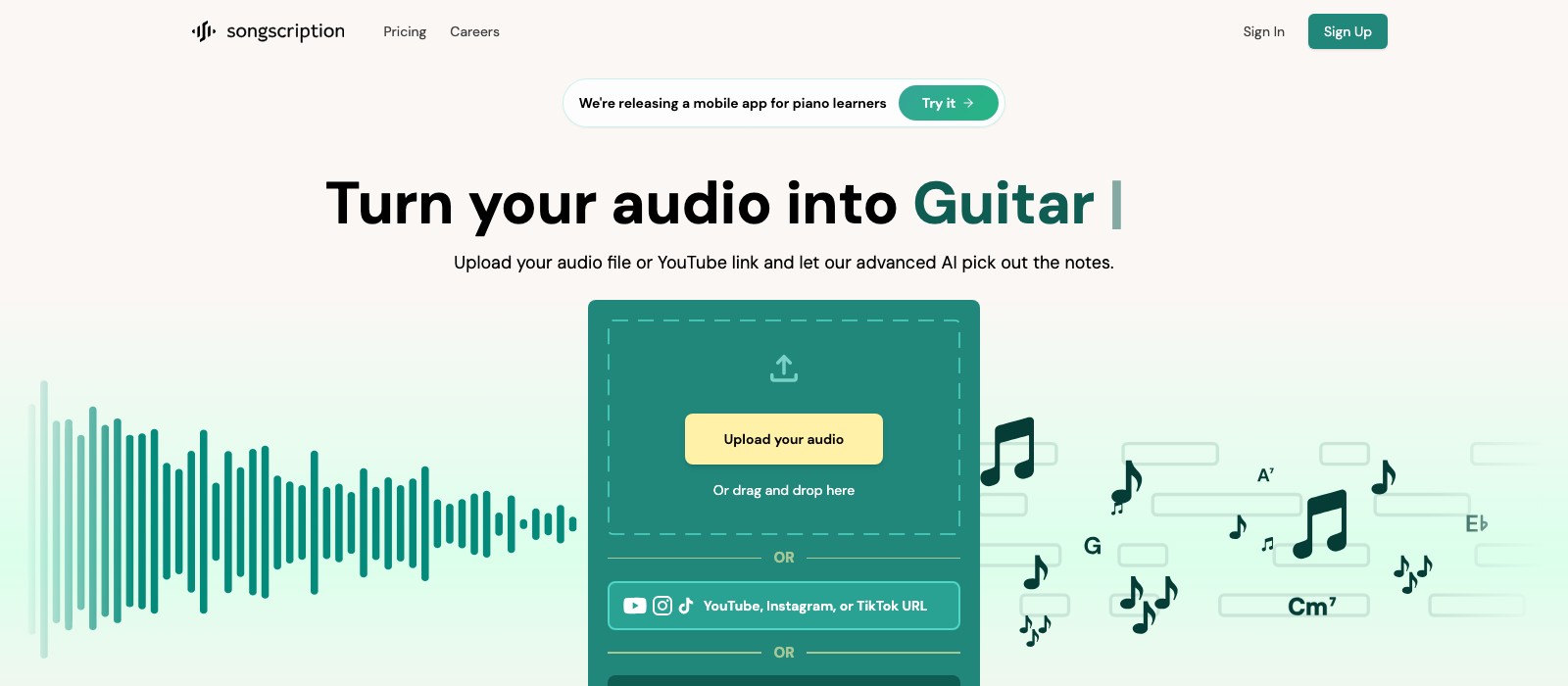 The Songscription homepage showing an upload box that turns audio files or YouTube links into guitar notation