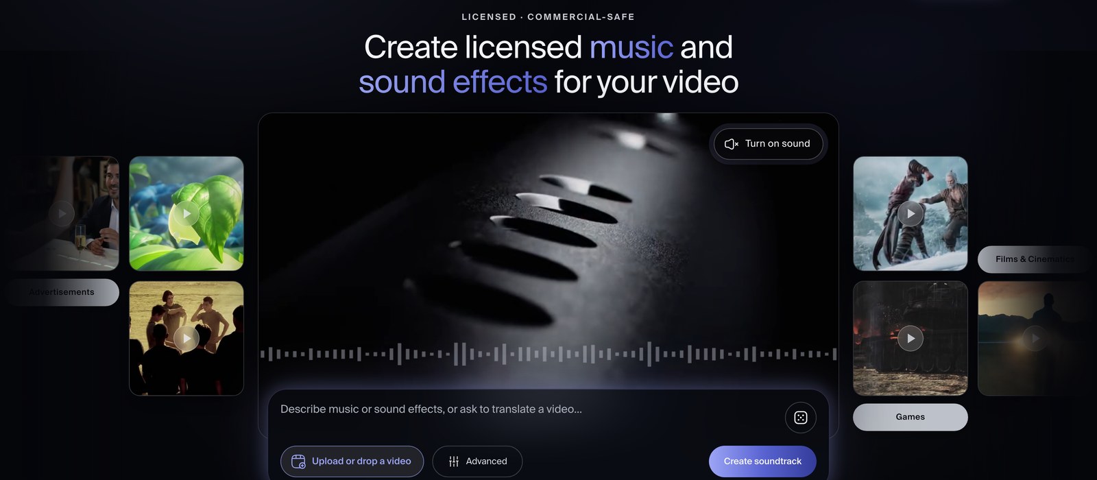 Sonilo homepage with a video player, a prompt bar and an Upload or drop a video button