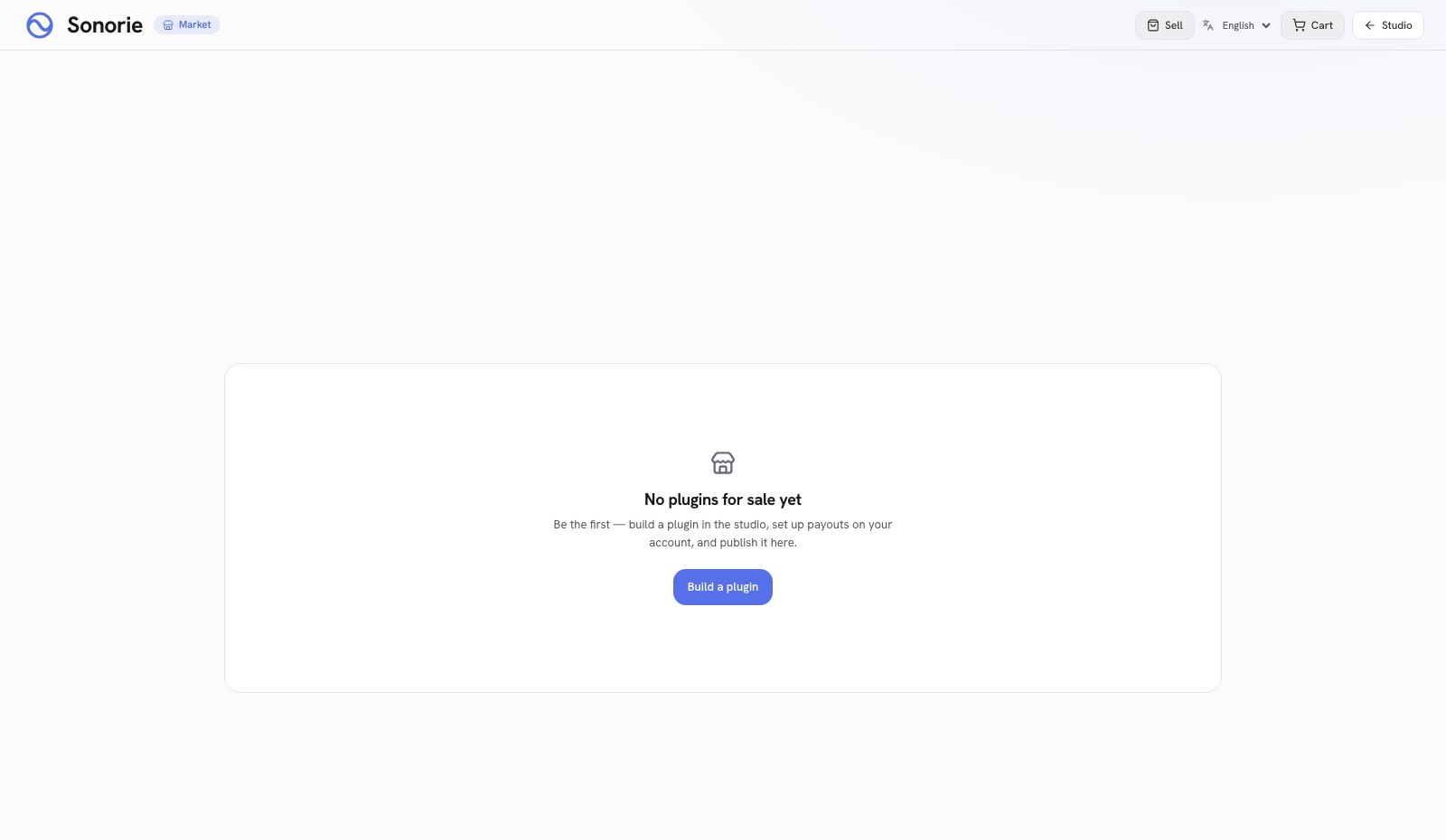 The Sonorie marketplace page on launch day showing an empty state that reads no plugins for sale yet
