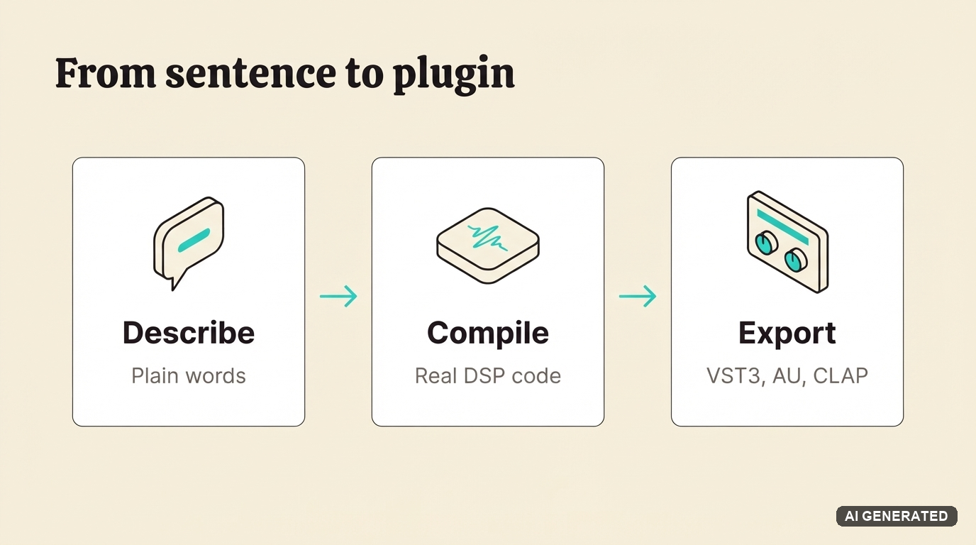 Three-step diagram showing how Sonorie moves from a plain-language description to compiled DSP code to an exported VST3 plugin