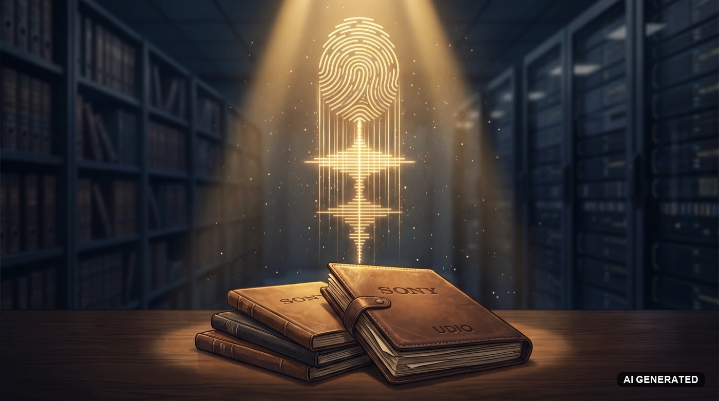 Editorial illustration of leather legal folders embossed Sony and Udio next to a glowing audio waveform morphing into a fingerprint, suggesting AI training data forensics