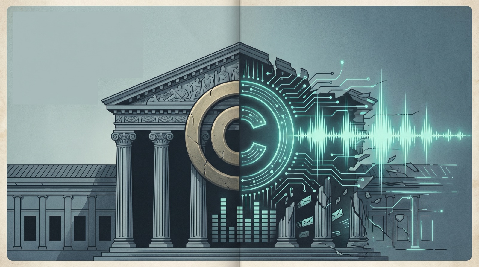 Editorial illustration of a copyright symbol over legal documents, evoking the Sony Music versus Udio AI training lawsuit ruling