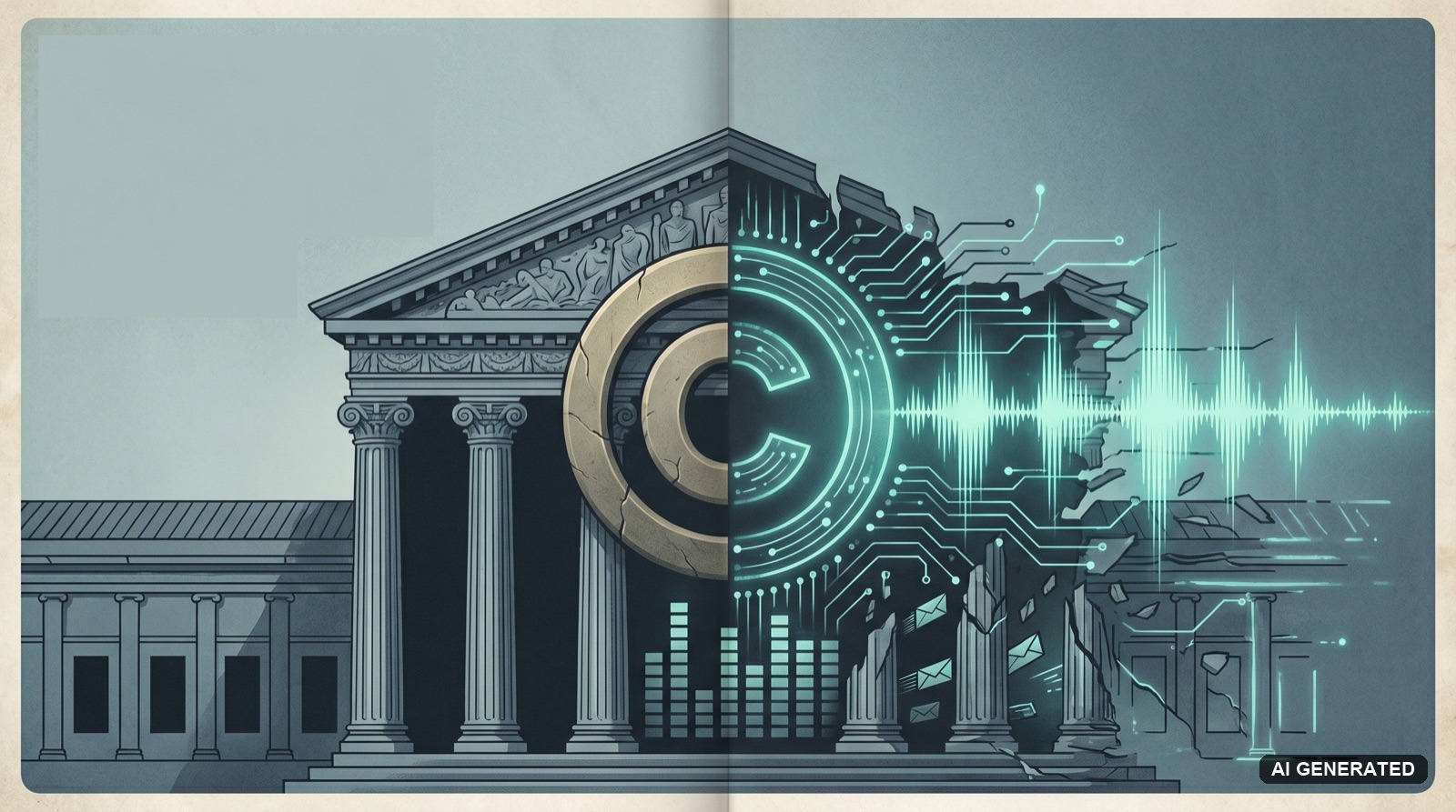 Editorial illustration of a copyright symbol over legal documents, evoking the Sony Music versus Udio AI training lawsuit ruling