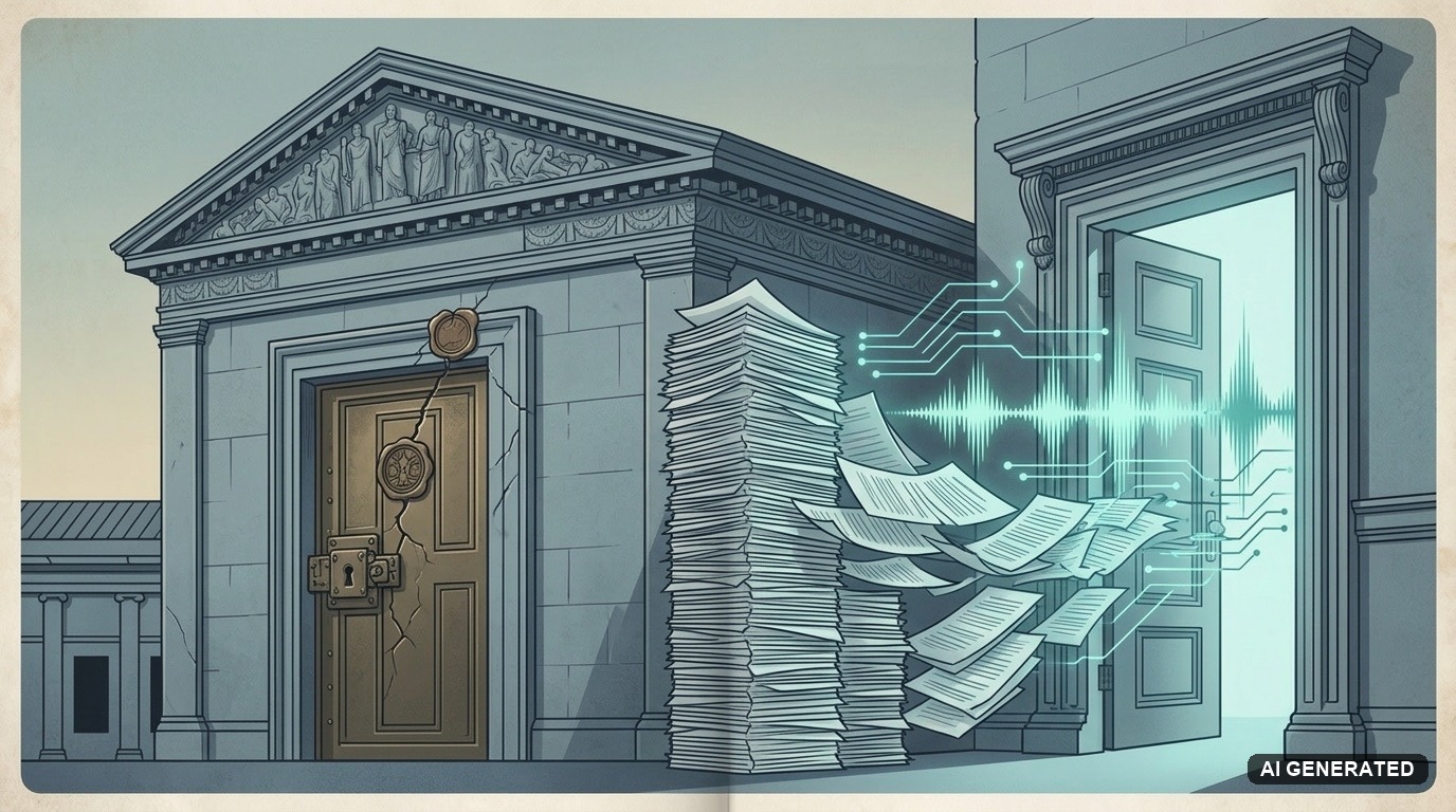 Editorial illustration of legal documents streaming through a newly opened courthouse door as glowing audio waveforms, next to a sealed door