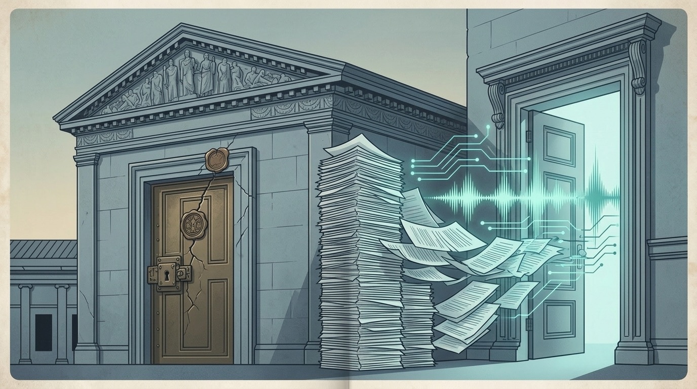 Editorial illustration of legal documents streaming through a newly opened courthouse door as glowing audio waveforms, next to a sealed door