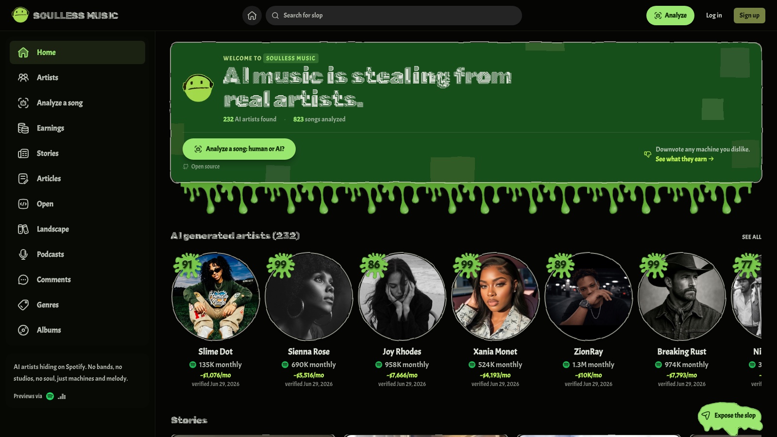 The SoullessMusic homepage listing AI-generated Spotify artists with confidence scores, monthly listeners and estimated monthly earnings