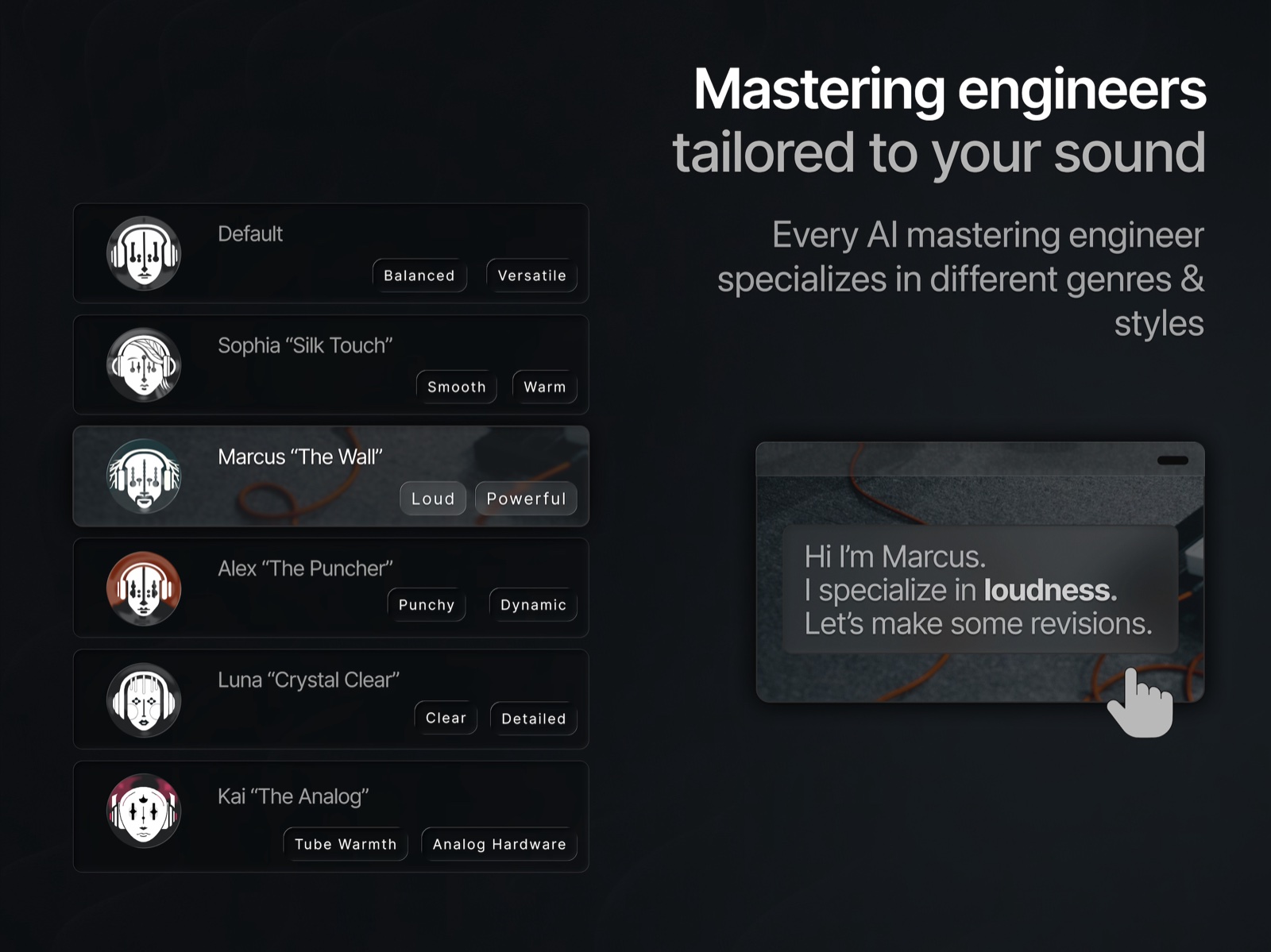 Six SoundBoost AI mastering engineer personas with genre specialties, Marcus The Wall selected