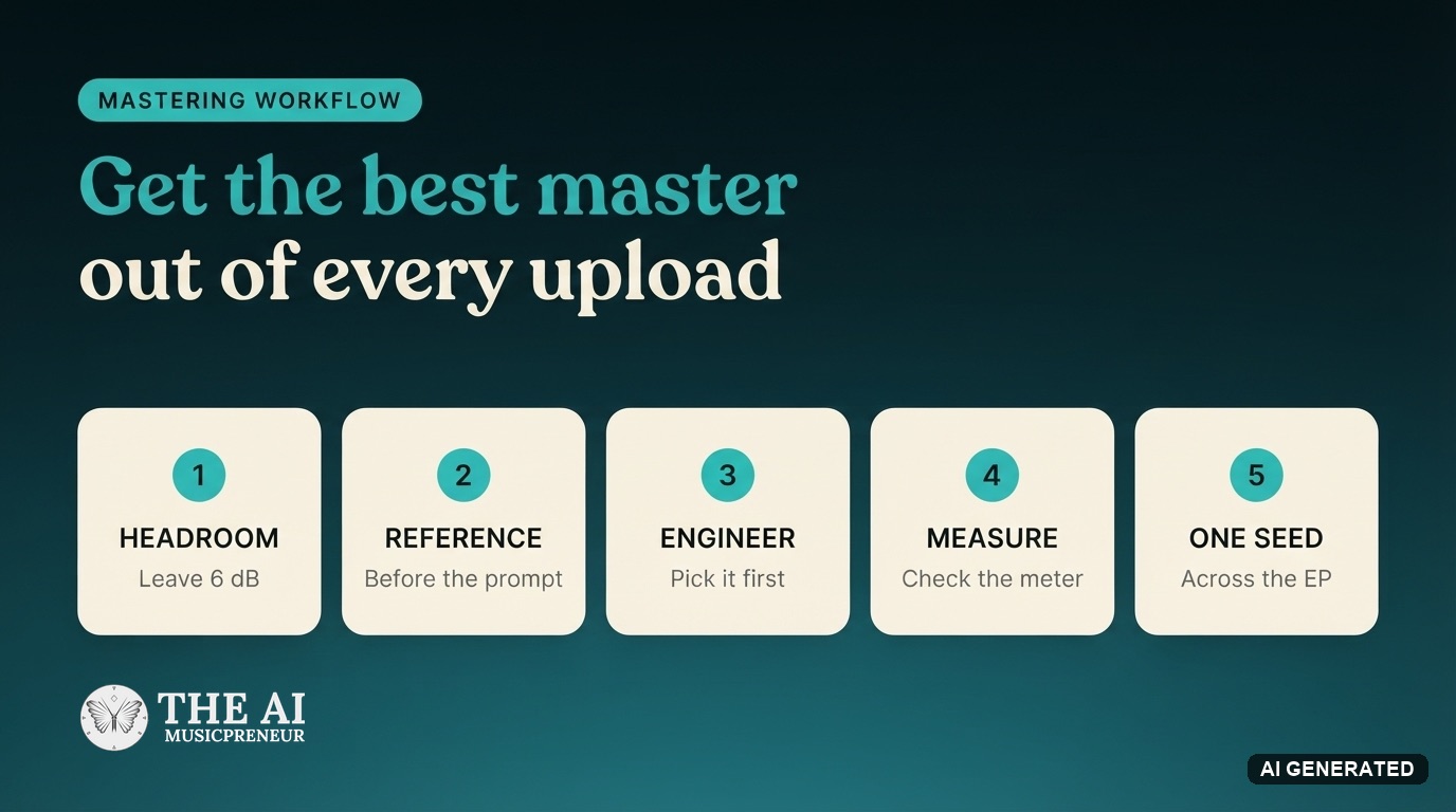 The 5-step SoundBoost mastering workflow: leave headroom, apply a reference, pick an engineer, measure the export and reuse one seed