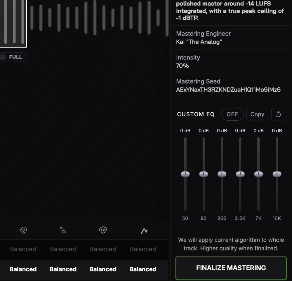 SoundBoost Custom EQ panel with six frequency sliders at 50, 90, 350, 2.5K, 7K and 10K Hz and the Finalize Mastering button