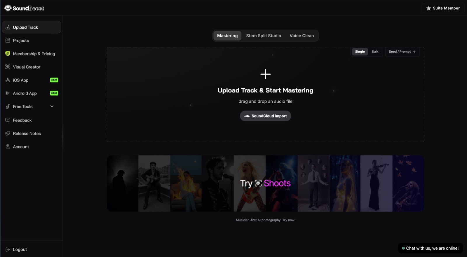 SoundBoost Upload Track page with the Single and Bulk toggles and the Seed / Prompt button above the upload box
