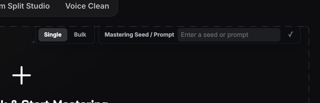 SoundBoost Mastering Seed / Prompt field open with the Enter a seed or prompt placeholder and a confirm check mark