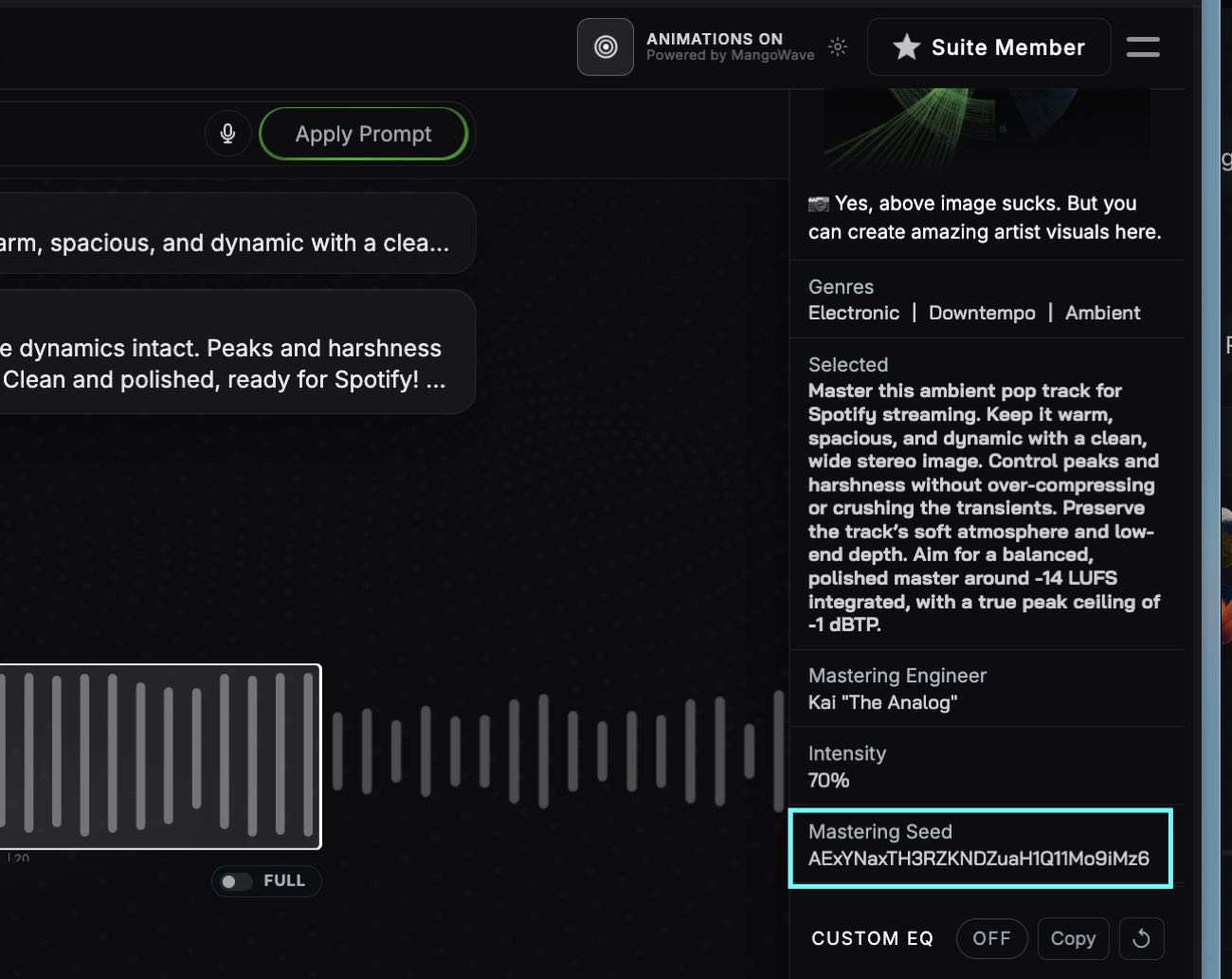 SoundBoost mastering page right panel showing the Mastering Seed string below the Kai engineer and 70% intensity
