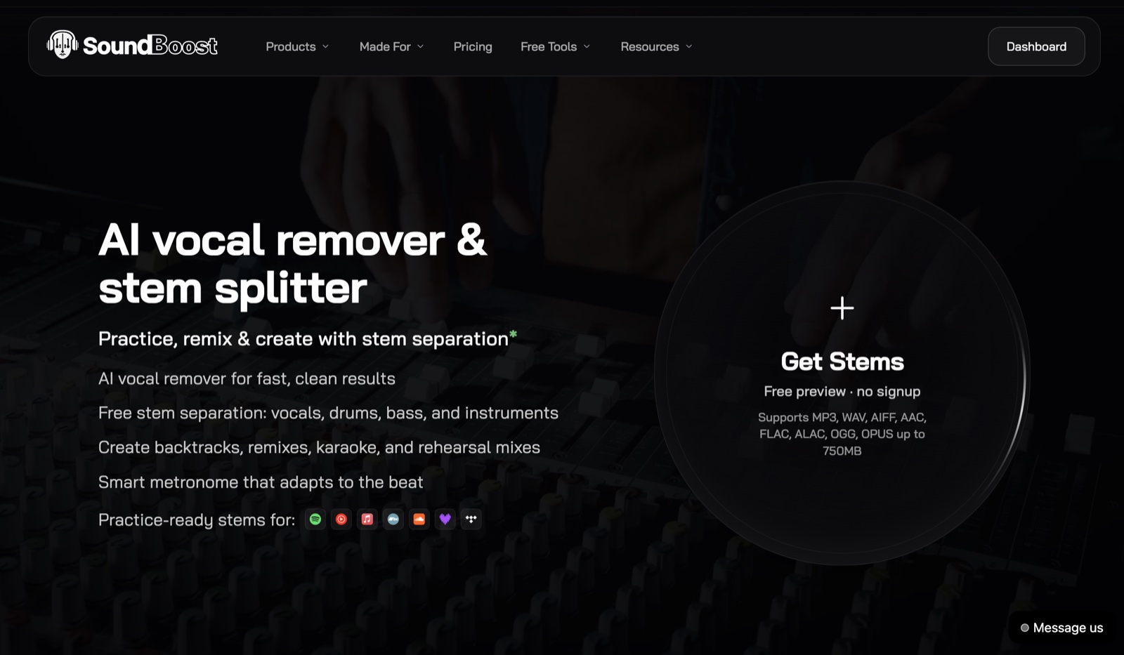 SoundBoost's free AI vocal remover and stem splitter page: free stem separation into vocals, drums, bass and instruments, a smart metronome, and a Get Stems upload circle with free preview and no signup for files up to 750 MB