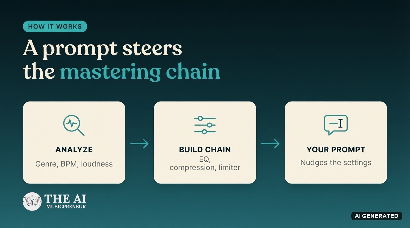 How SoundBoost AI mastering works: the engine analyzes genre, BPM and loudness, builds a processing chain, then your prompt adjusts it