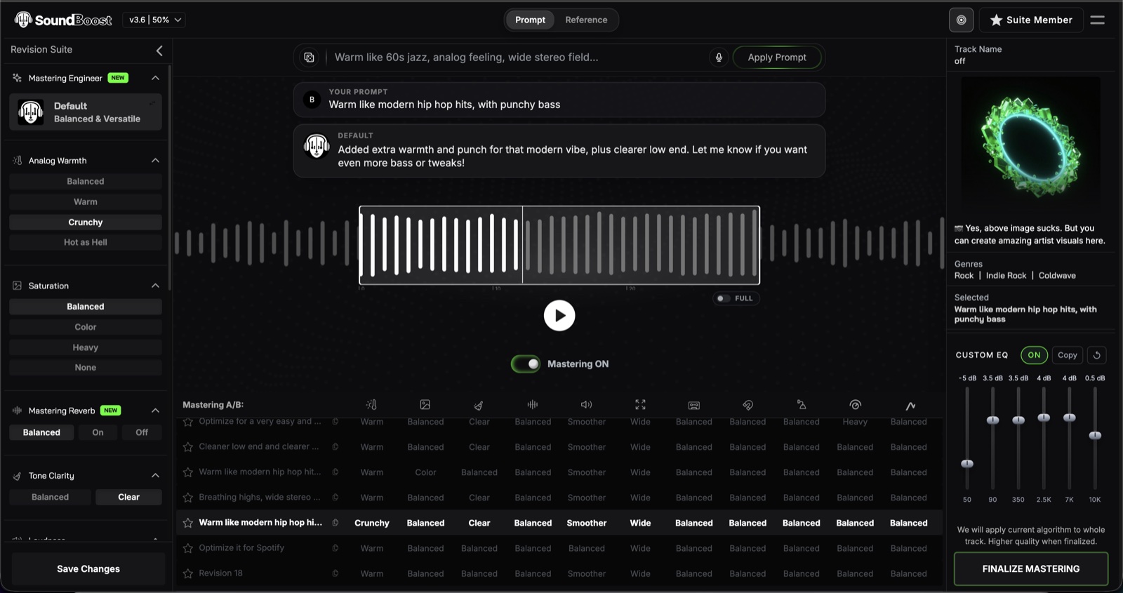 SoundBoost Mastering Engine 3.6 web app with a text prompt, revision history and custom EQ sliders