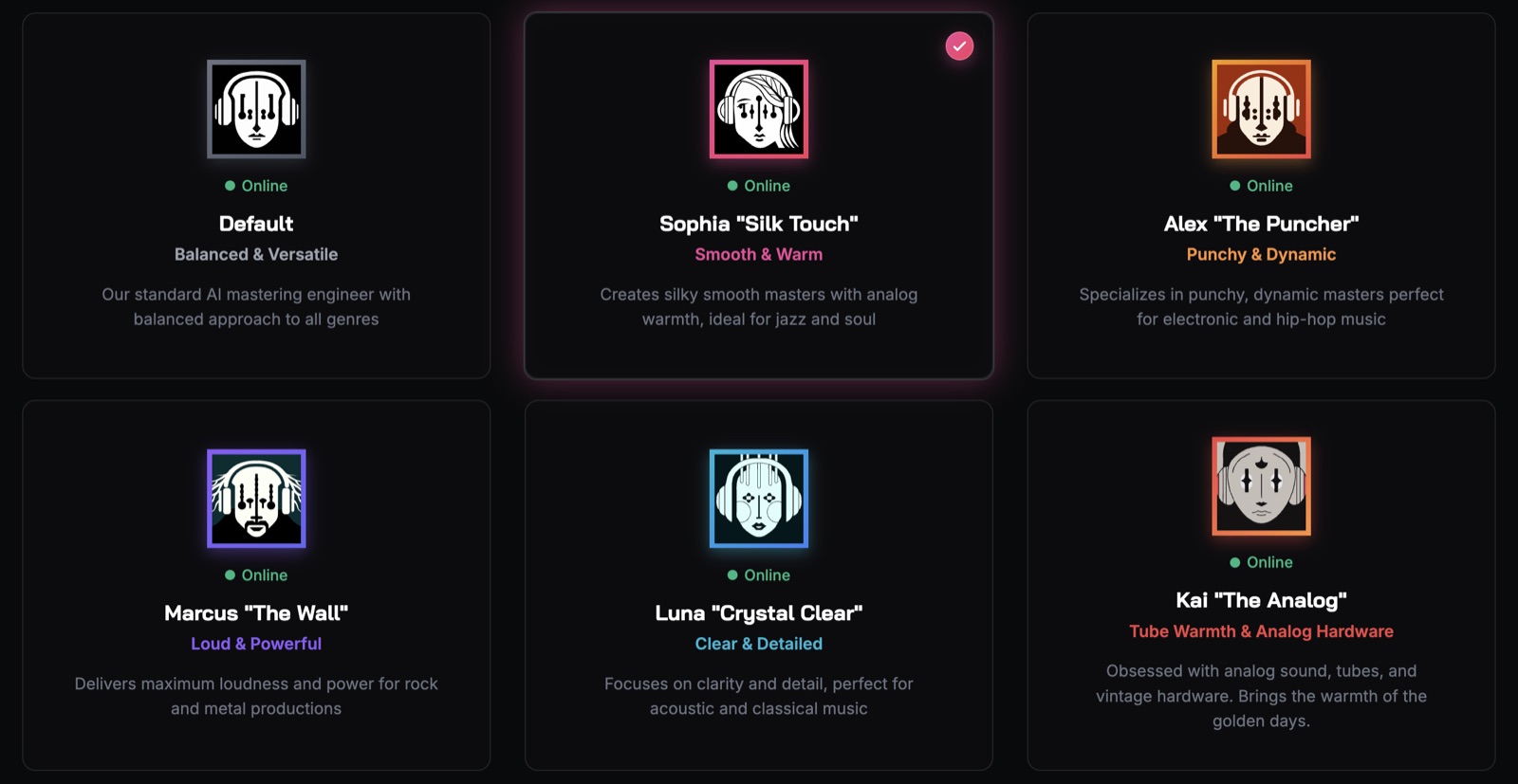 SoundBoost mastering engineer picker showing Default, Sophia, Alex, Marcus, Luna and Kai with genre notes