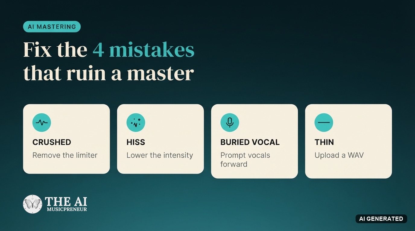 Diagram of 4 common SoundBoost mastering mistakes, crushed audio, hiss, buried vocal and a thin master, each with its fix