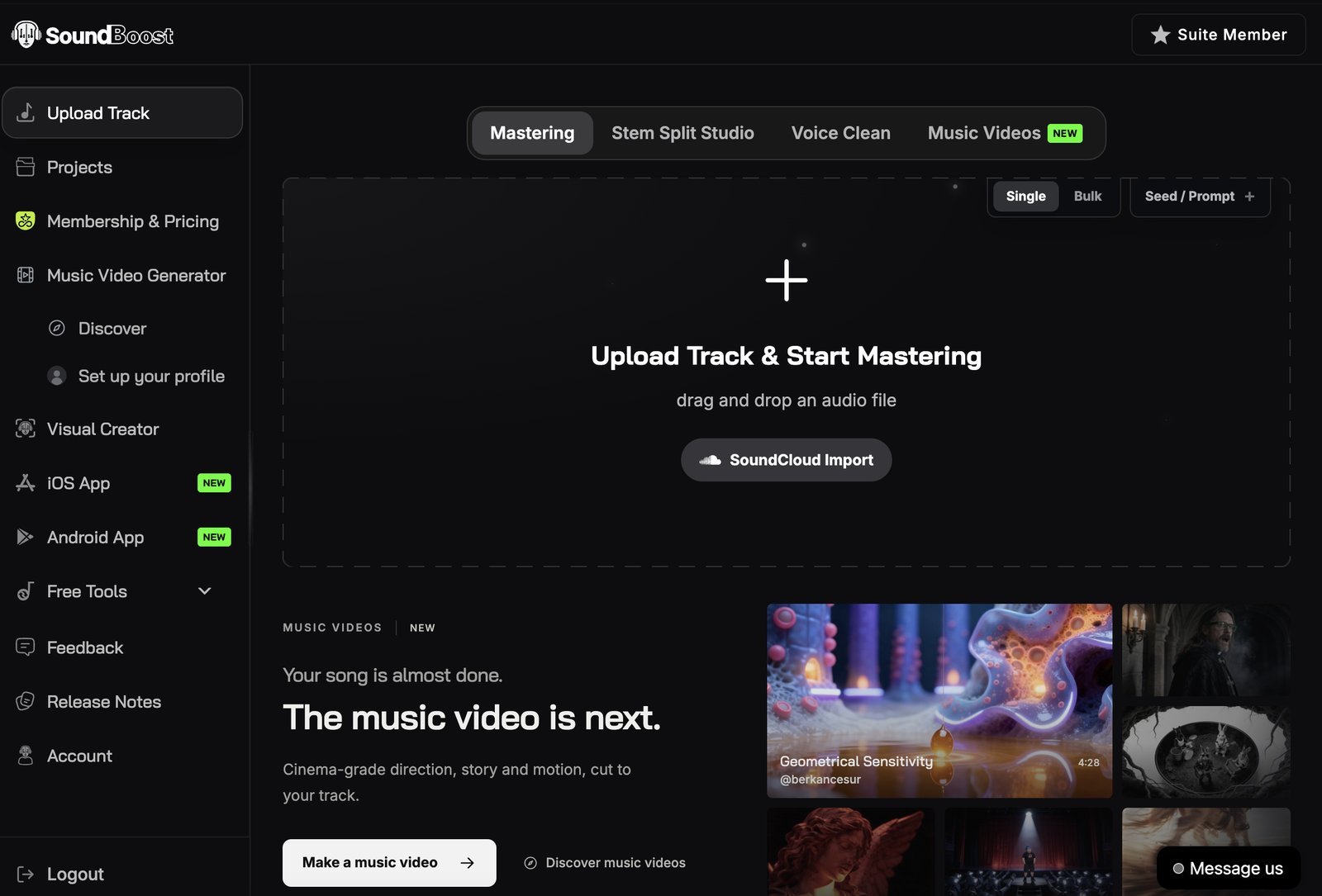 SoundBoost dashboard with the Music Videos tab, the Music Video Generator sidebar link and the Make a music video button