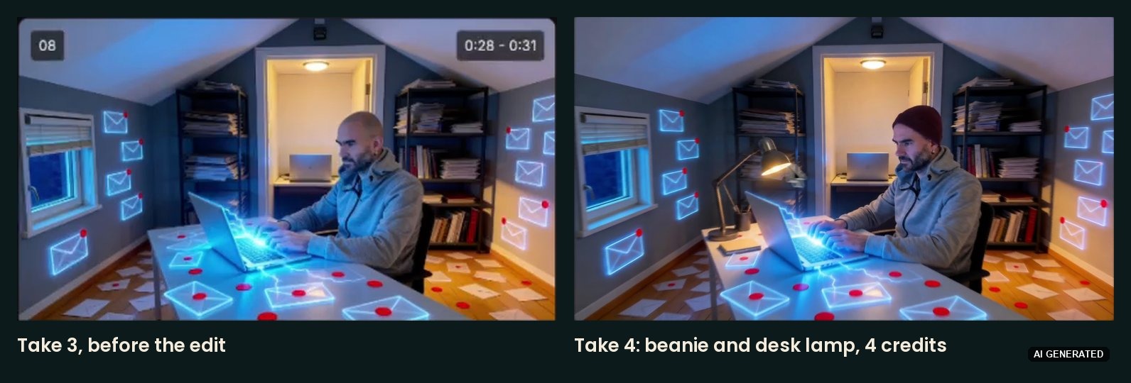 SoundBoost storyboard scene before and after a 4-credit image edit adding a red beanie and desk lamp