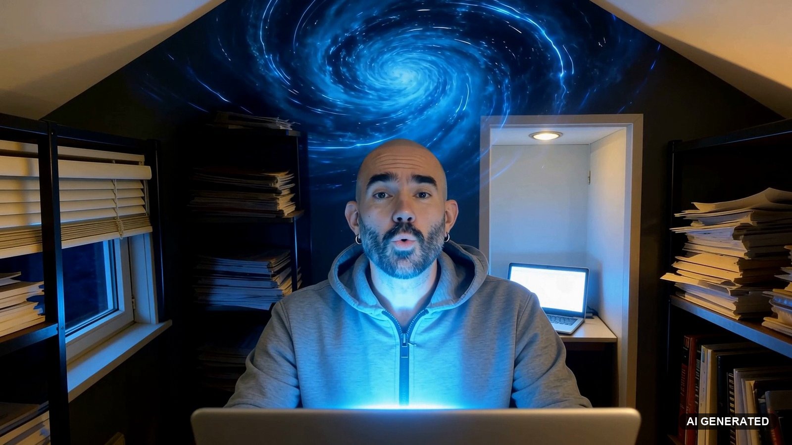 Frame from my SoundBoost music video: a galaxy-like vortex opening in the ceiling above me as I sing