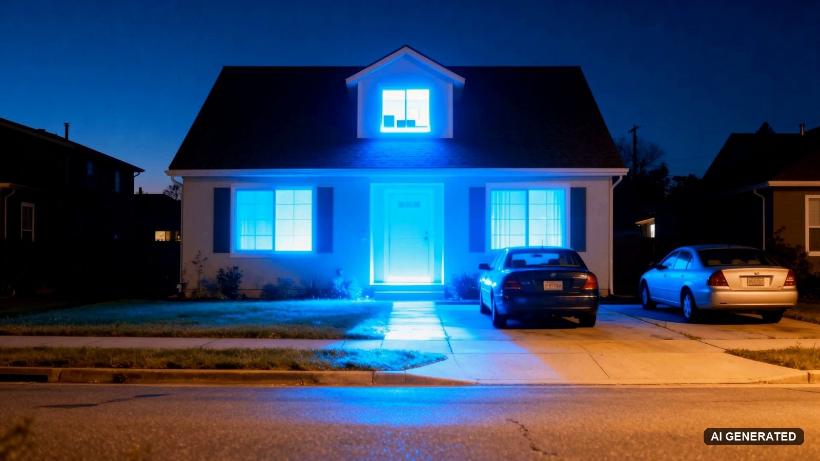 Frame from my SoundBoost music video: a house at night glowing electric blue from every window