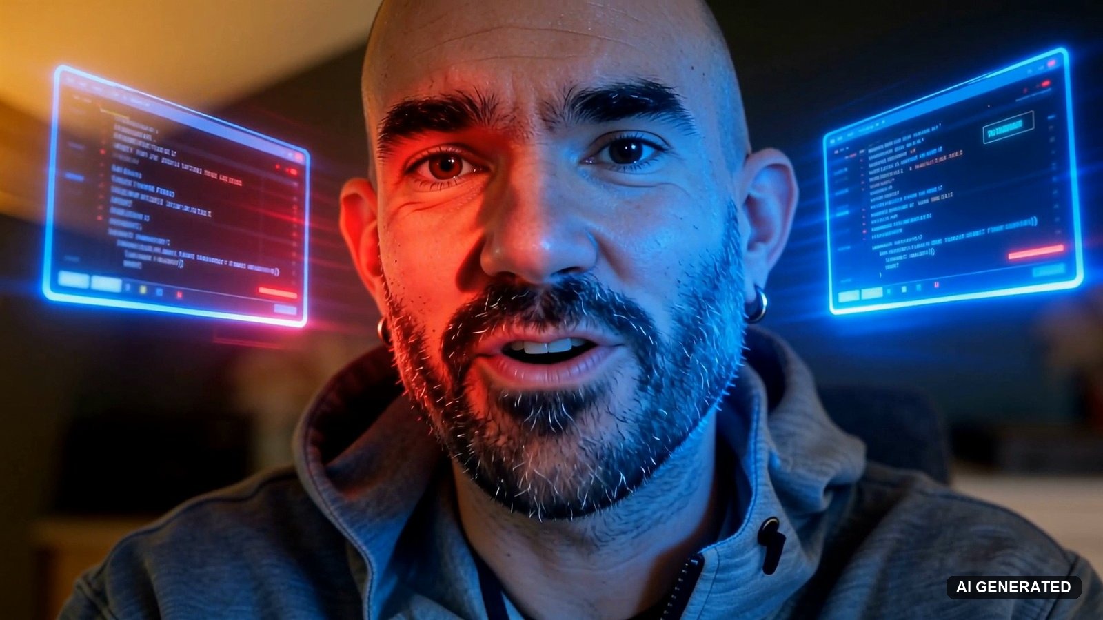 Frame from my SoundBoost music video with my AI likeness singing between red and blue screens, lip sync on