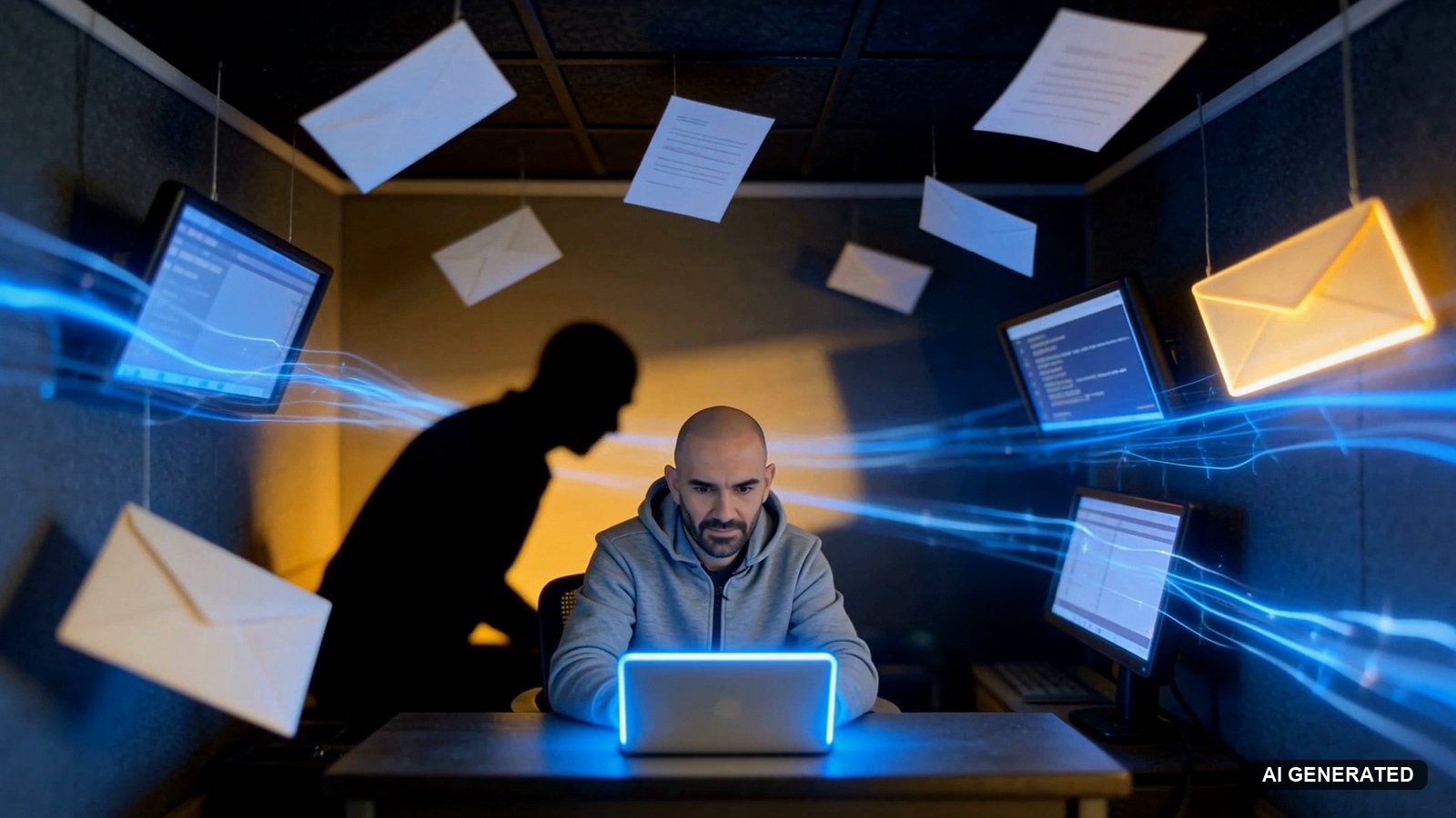 Frame from my SoundBoost music video: envelopes and papers whirling around me while a shadow figure looms
