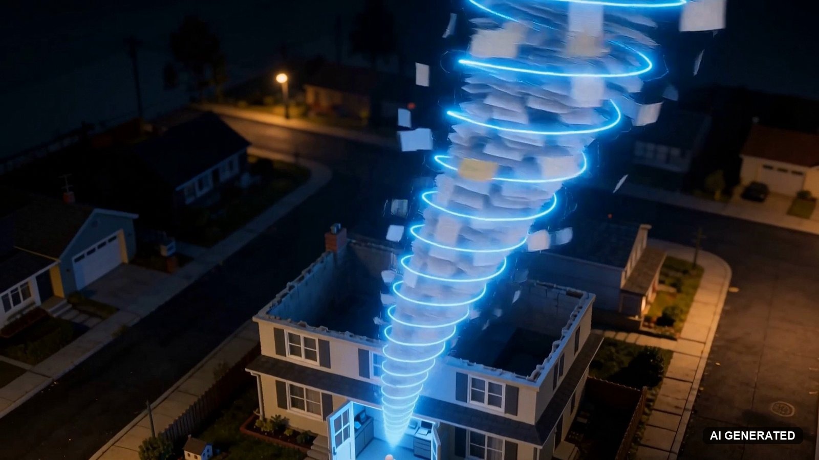 Frame from my SoundBoost music video: a tornado of paper and blue light spiralling out of a house at night