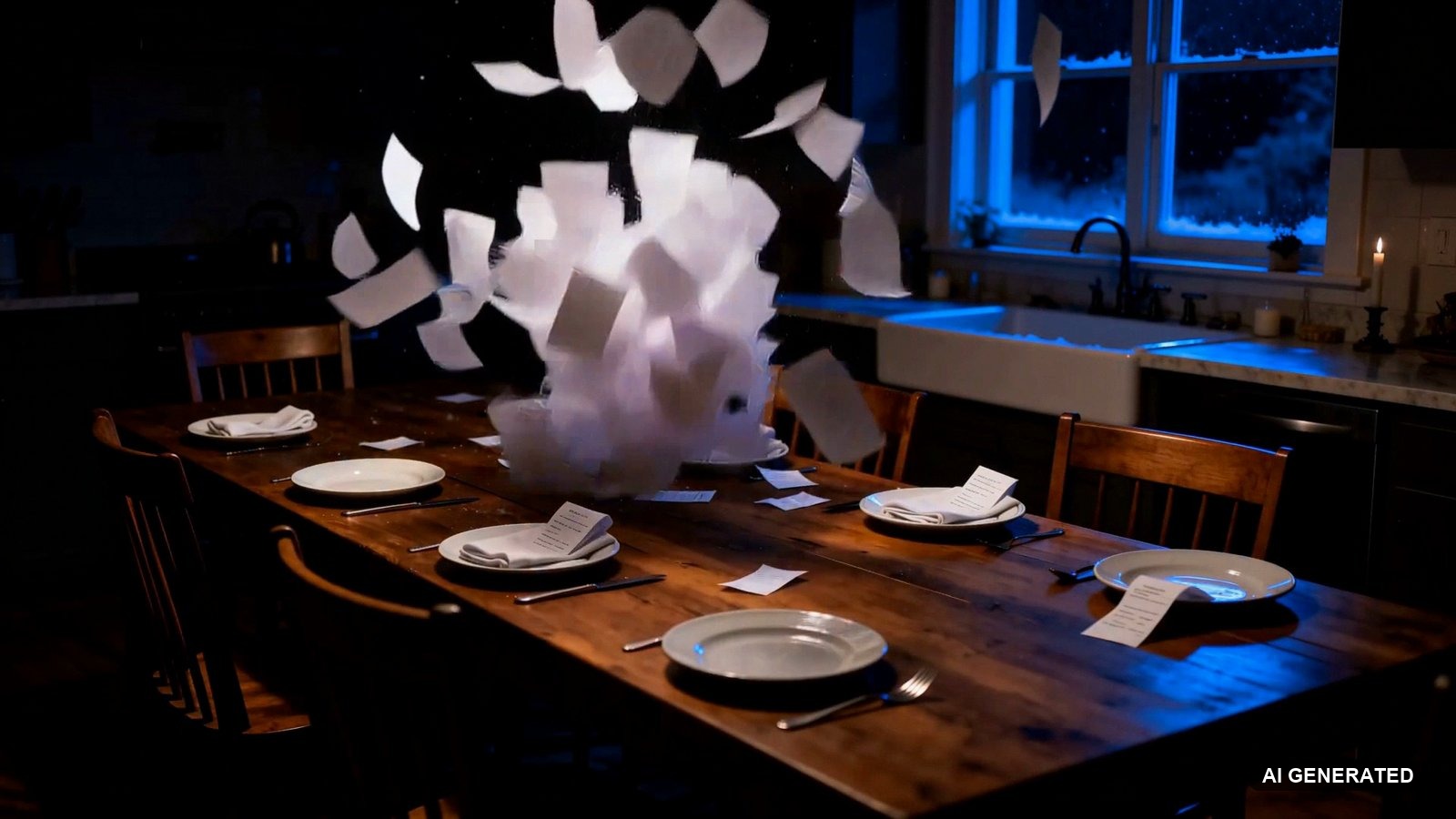 Frame from my SoundBoost music video: receipts falling like snow over an empty Sunday dinner table