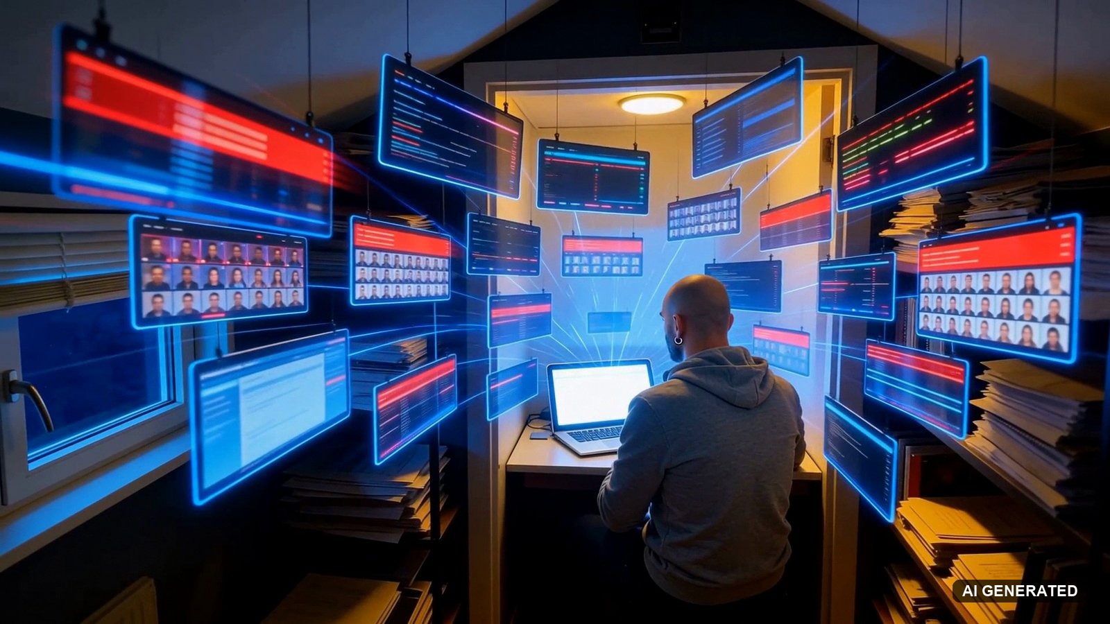 Frame from my SoundBoost music video: a wall of floating red and blue screens closing in on the desk