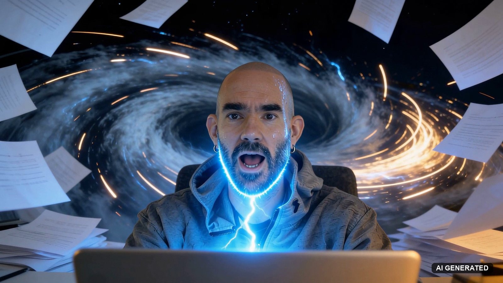 Frame from my SoundBoost music video: my AI likeness singing inside a swirling vortex with lightning