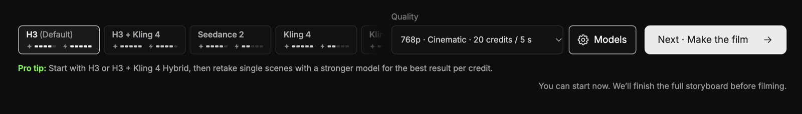 SoundBoost video model row with H3, H3 + Kling 4, Seedance 2 and Kling 4 next to the quality dropdown and the Make the film button