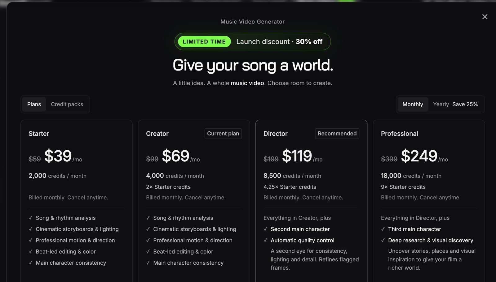 SoundBoost music video plans from Starter to Professional with launch prices and monthly credits