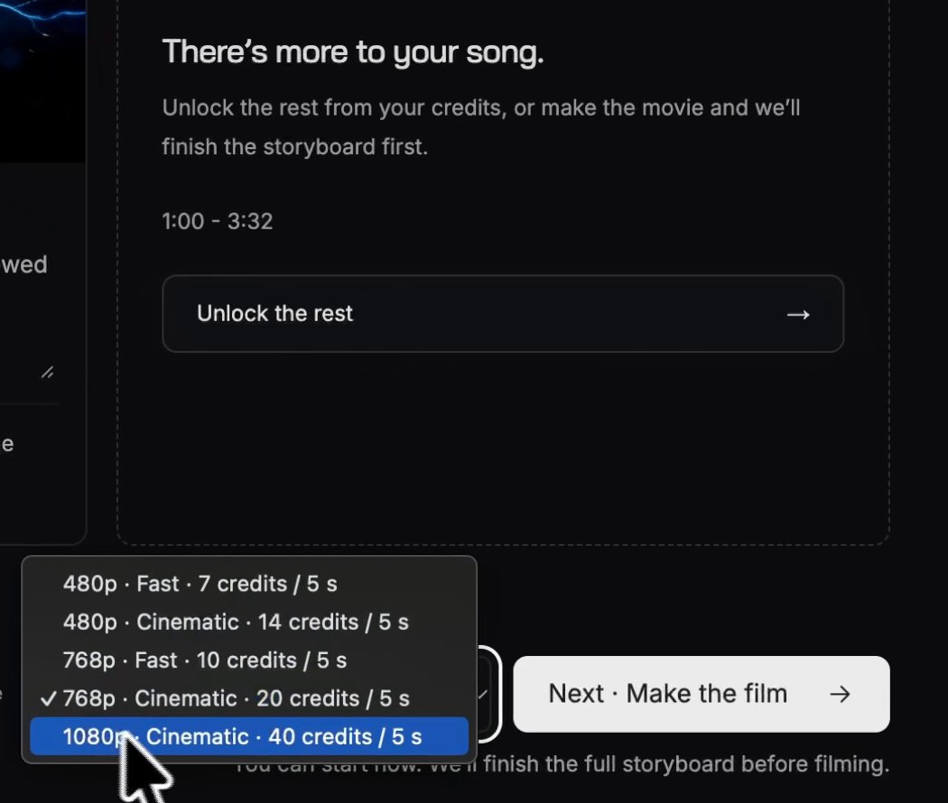 SoundBoost quality dropdown from 480p Fast at 7 credits to 1080p Cinematic at 40 credits per 5 seconds