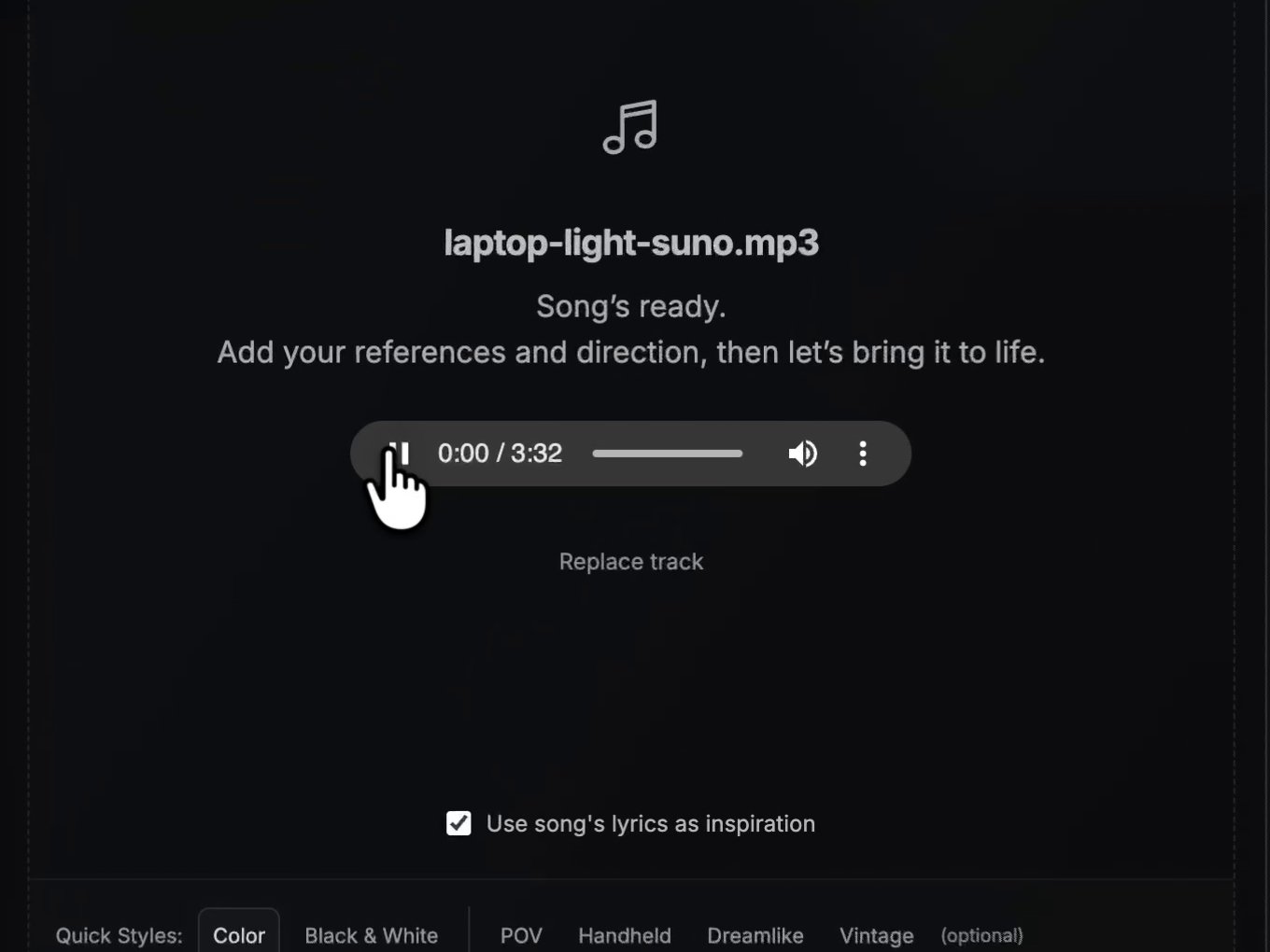 SoundBoost song card showing laptop-light-suno.mp3 ready to play at 3:32 with lyrics used as inspiration