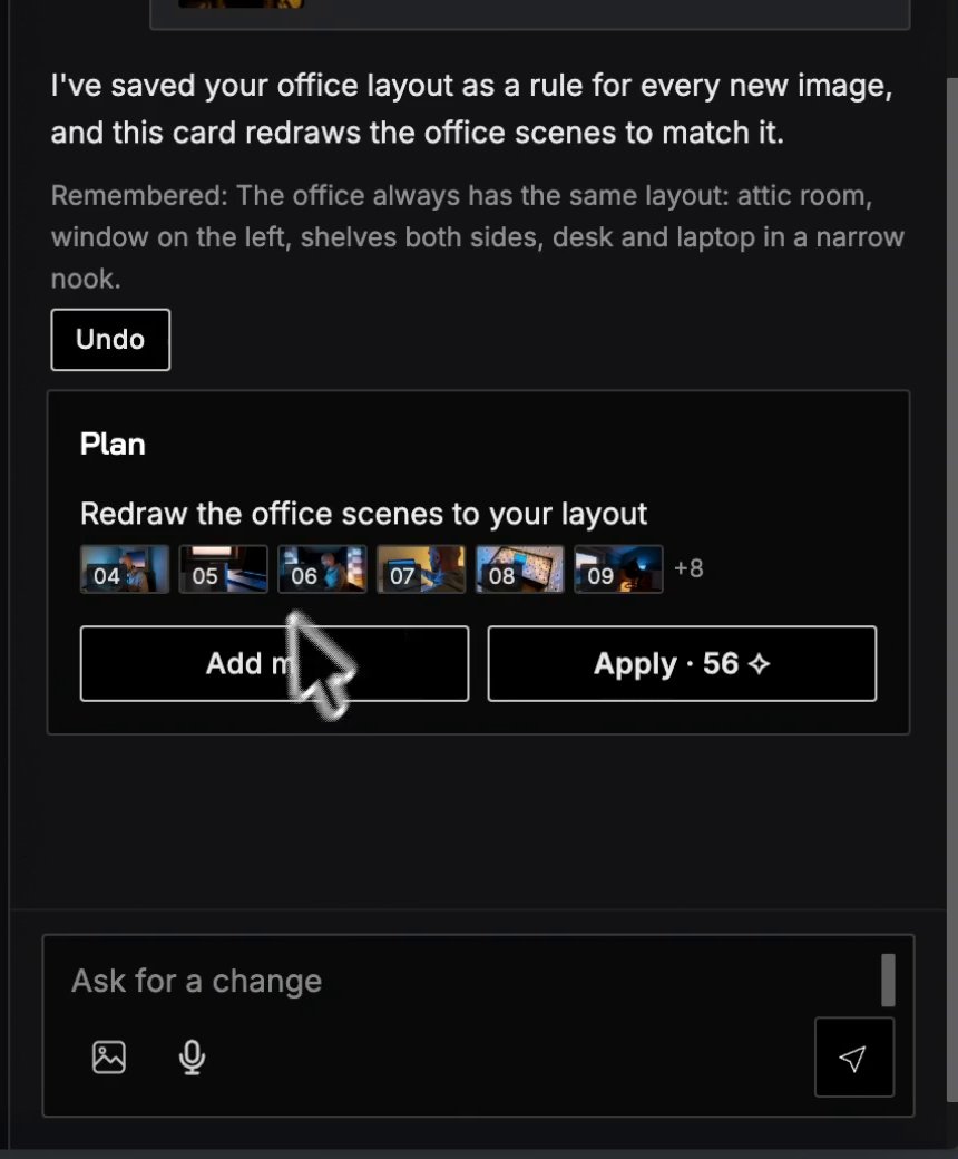 SoundBoost storyboard chat saving an office layout rule and pricing the redraw at 56 credits