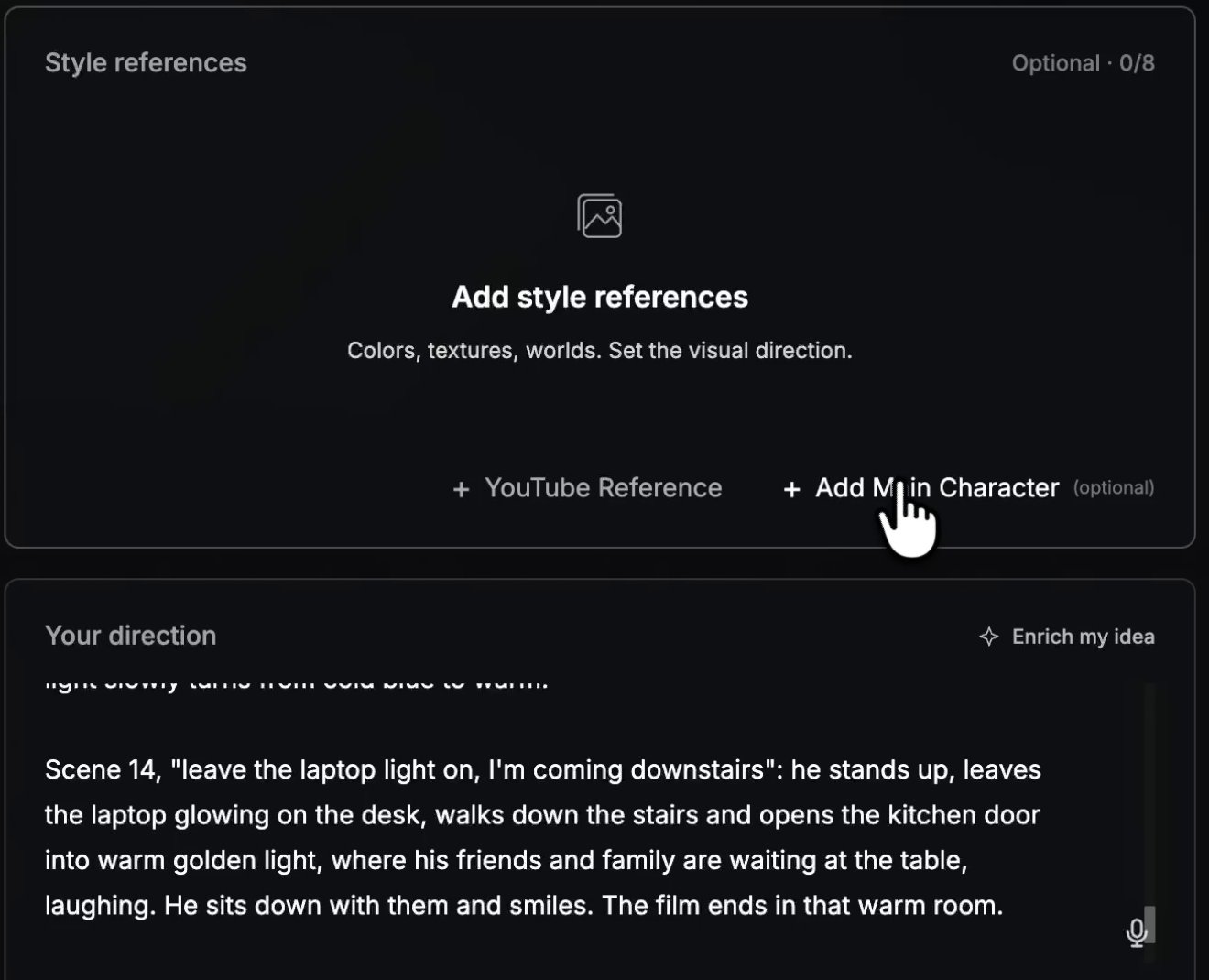 SoundBoost style references panel with the YouTube Reference and Add Main Character buttons above the direction field