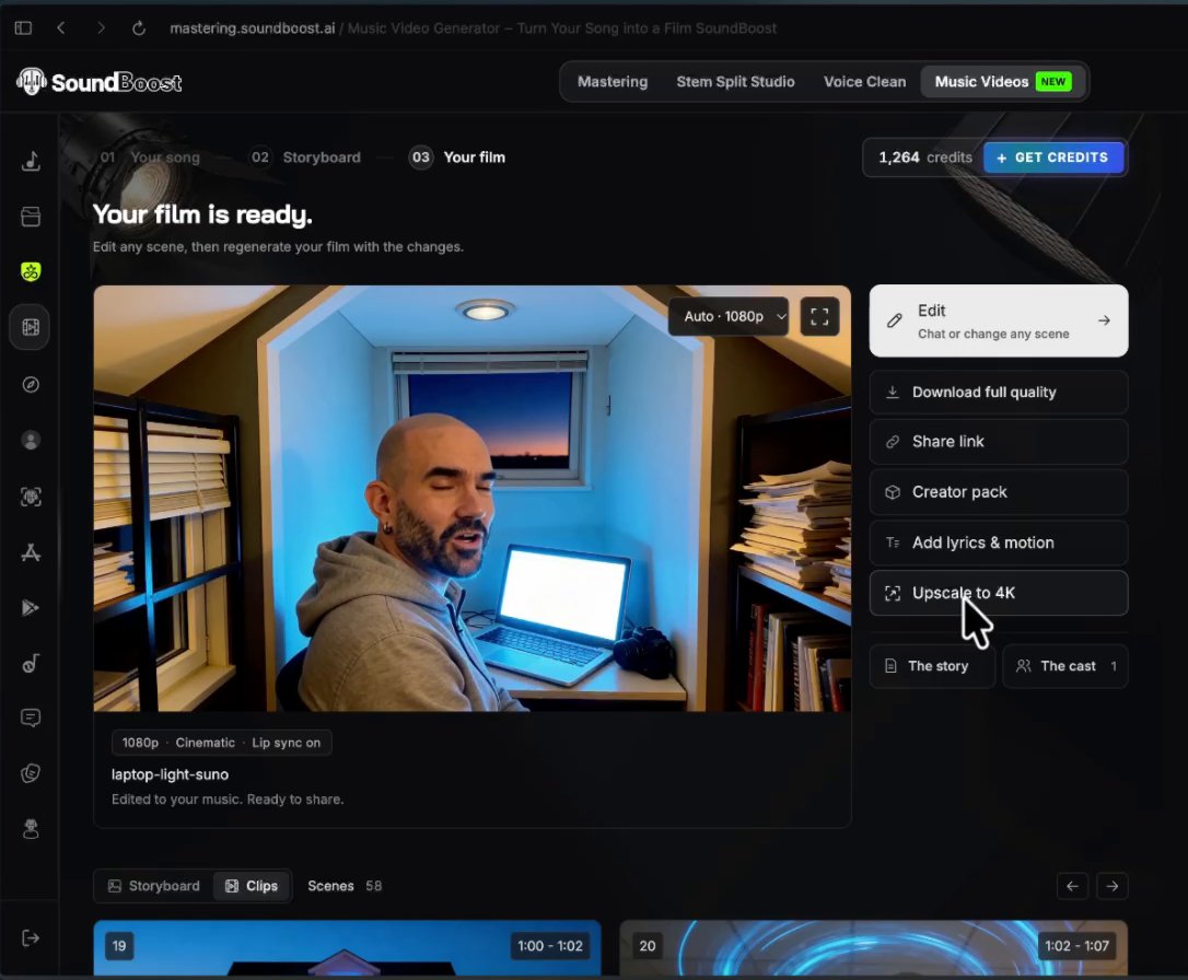 SoundBoost Your film is ready page with Edit, Download full quality, Creator pack and Upscale to 4K buttons