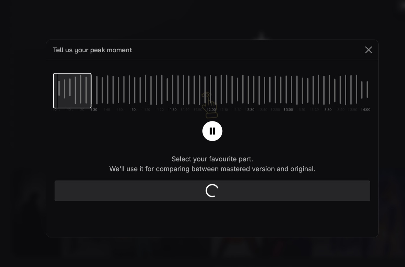 SoundBoost Tell us your peak moment selector with a 30-second window at the start of a 4-minute waveform